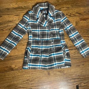 Grey with blue and black pattern pea coat